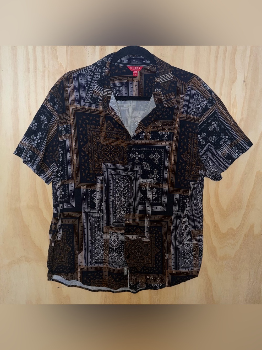 Guess Los Angeles Men's XL Bandana Patchwork Print Nightclub Short Sleeve Shirt